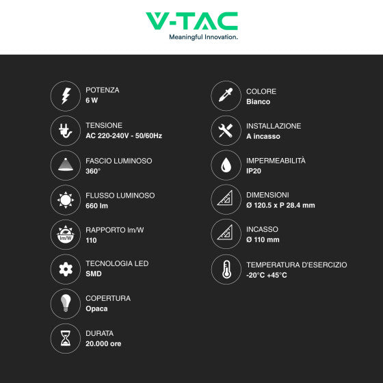 Pannello LED Rotondo Slim 6W V-Tac SMD da Incasso con Driver - Disponibile Luce: Calda 3000K, Naturale 4000K e Fredda 6500K