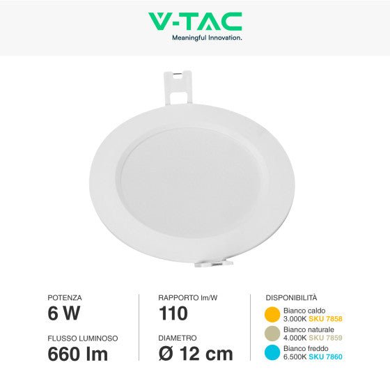 Pannello LED Rotondo Slim 6W V - Tac SMD da Incasso con Driver - Disponibile Luce: Calda 3000K, Naturale 4000K e Fredda 6500K - Elettrohub.it