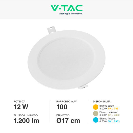 Pannello LED Rotondo Slim 12W V-Tac SMD da Incasso con Driver - Disponibile Luce: Calda 3000K, Naturale 4000K e Fredda 6500K