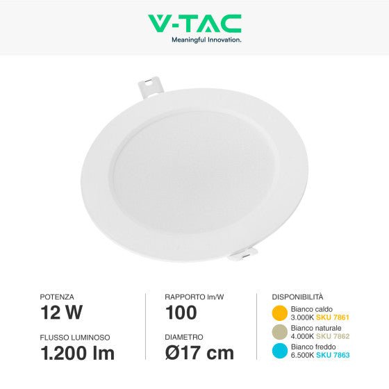 Pannello LED Rotondo Slim 12W V - Tac SMD da Incasso con Driver - Disponibile Luce: Calda 3000K, Naturale 4000K e Fredda 6500K - Elettrohub.it
