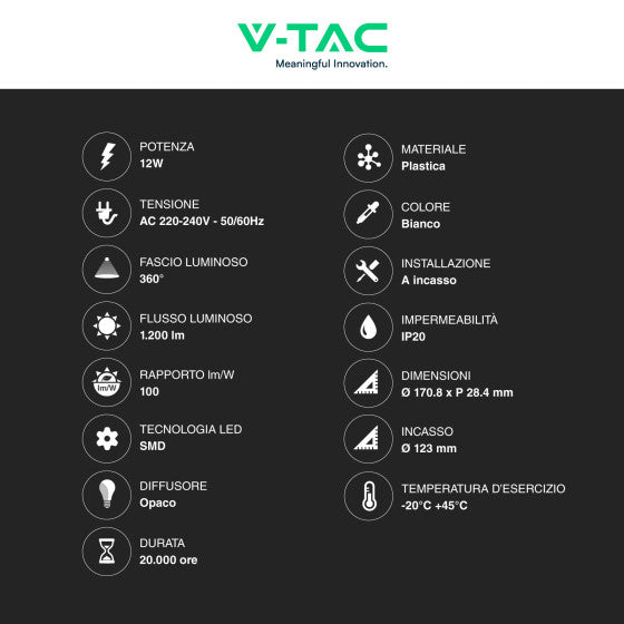 Pannello LED Rotondo Slim 12W V-Tac SMD da Incasso con Driver - Disponibile Luce: Calda 3000K, Naturale 4000K e Fredda 6500K