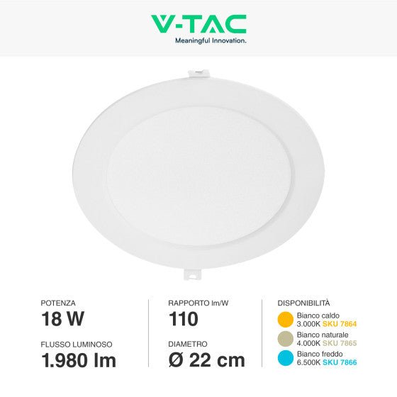 Pannello LED Rotondo Slim 24W V - Tac SMD da Incasso con Driver - Disponibile Luce: Calda 3000K, Naturale 4000K e Fredda 6500K - Elettrohub.it