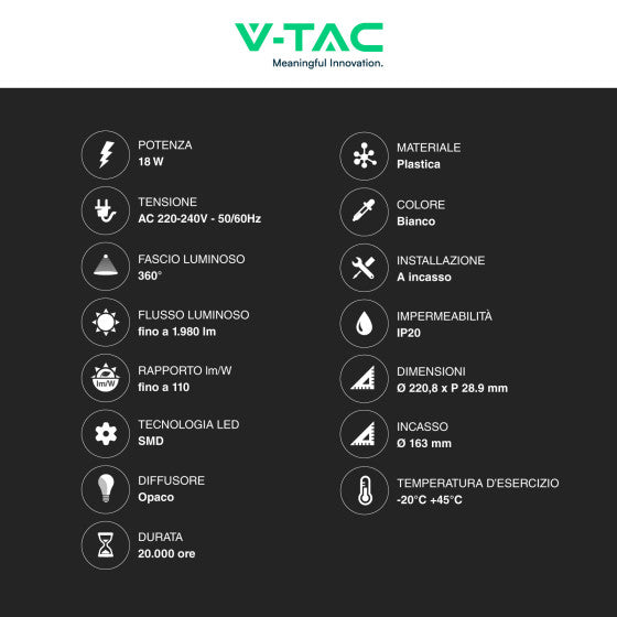 Pannello LED Rotondo Slim 18W V-Tac SMD da Incasso con Driver - Disponibile Luce: Calda 3000K, Naturale 4000K e Fredda 6500K