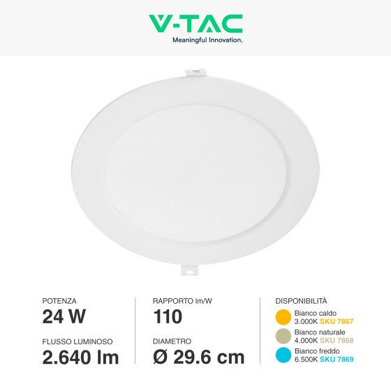 Pannello LED Rotondo Slim 24W V - Tac SMD da Incasso con Driver - Disponibile Luce: Calda 3000K, Naturale 4000K e Fredda 6500K - Elettrohub.it