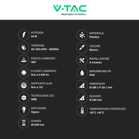 Pannello LED Rotondo Slim 24W V-Tac SMD da Incasso con Driver - Disponibile Luce: Calda 3000K, Naturale 4000K e Fredda 6500K