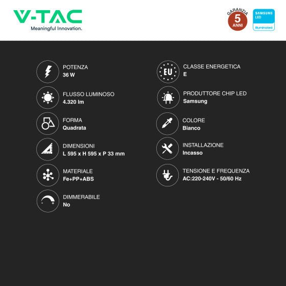 Pannello LED Quadrato 60x60 36W V - Tac SMD Chip Samsung da Incasso con Driver - Disponibile Luce: Calda 3000K, Naturale 4000K e Fredda 6500K - Elettrohub.it
