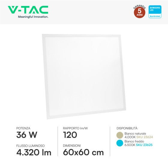 Pannello LED Quadrato 60x60 36W V - Tac SMD Chip Samsung da Incasso con Driver - Disponibile Luce: Calda 3000K, Naturale 4000K e Fredda 6500K - Elettrohub.it
