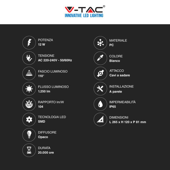 V-Tac Lampada LED da Muro 12W Wall Light SMD Applique IP65 Colore Bianco