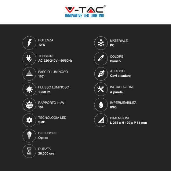 V - Tac Lampada LED da Muro 12W Wall Light SMD Applique IP65 Colore Bianco - Elettrohub.it