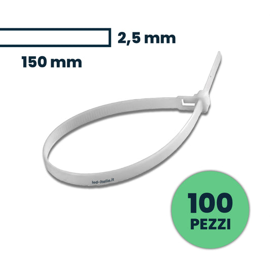 Confezione da 100 Fascette Stringicavo Autobloccanti in Nylon 2,5 X 150 MM - Bianco