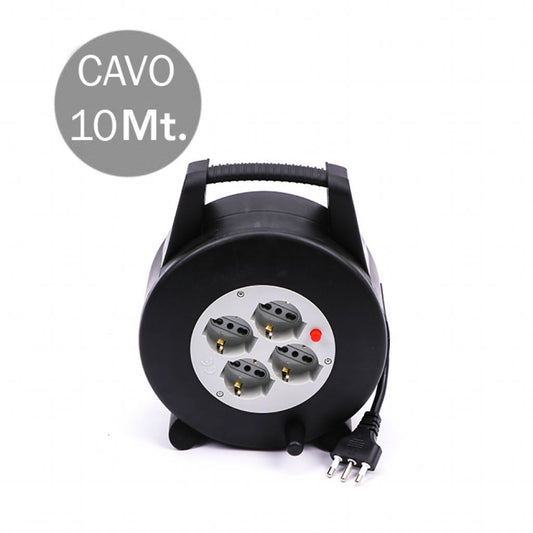 Prolunga Avvolgicavo Spina 16A e 4 Prese 10/16A Bipasso/Schuko Colore Nero 10 metri