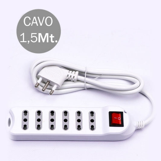 Multipresa 6 Posti Colore Bianco con Interruttore Luminoso e Attacco a Parete