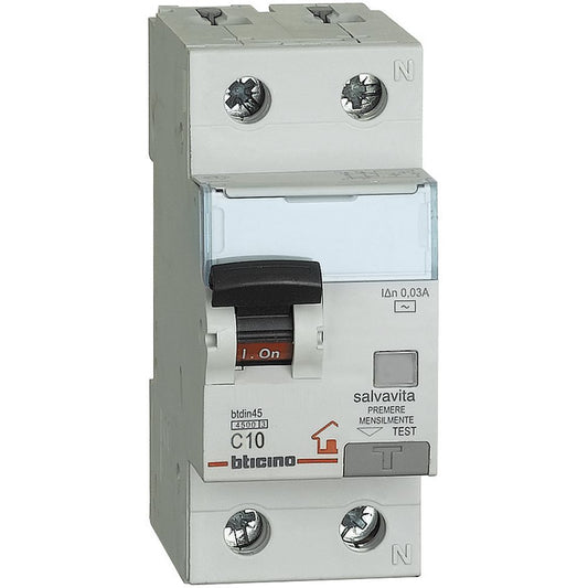 Interruttore magnetotermico bticino differenziale 1p+n 10a 4,5ka 30ma 2 moduli 230 va.c. (Copia)