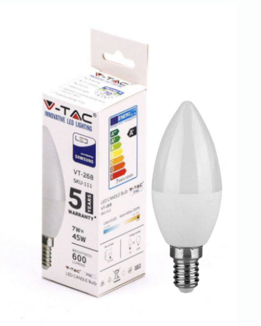 Lampadina LED E14 7W V-Tac Candela Chip Samsung - Disponibile Luce: Calda 3000K - Naturale 4000K - Fredda 6500K