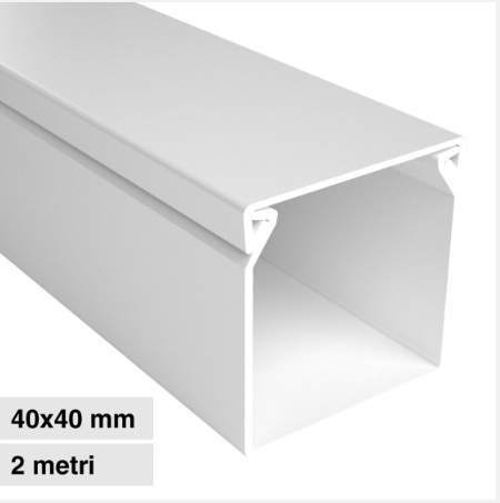 Canalina Passacavi 40x40 in Plastica Bianca e Coperchio Removibile Lunghezza 2 metri