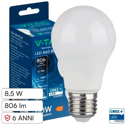 Lampadina Led E27 8,5W V-TAC - A60 - Goccia SMD - Disponibile Luce: Calda 3000k - Naturale 4000k -  Fredda 6500k