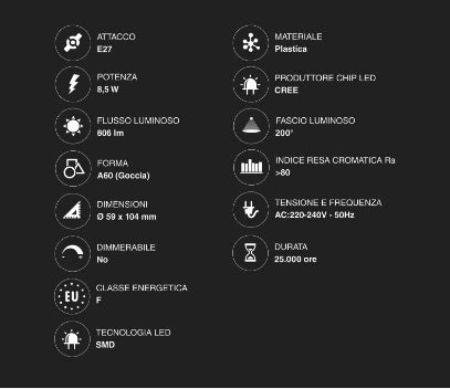 Lampadina Led E27 8,5W V - TAC - A60 - Goccia SMD - Disponibile Luce: Calda 3000k - Naturale 4000k - Fredda 6500k - Elettrohub.it