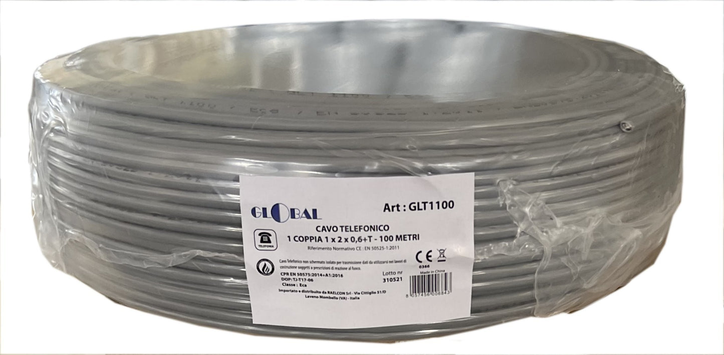 Cavo telefonico 1 coppia trr 1x2x0,6+t grigio Matassa da 100 m