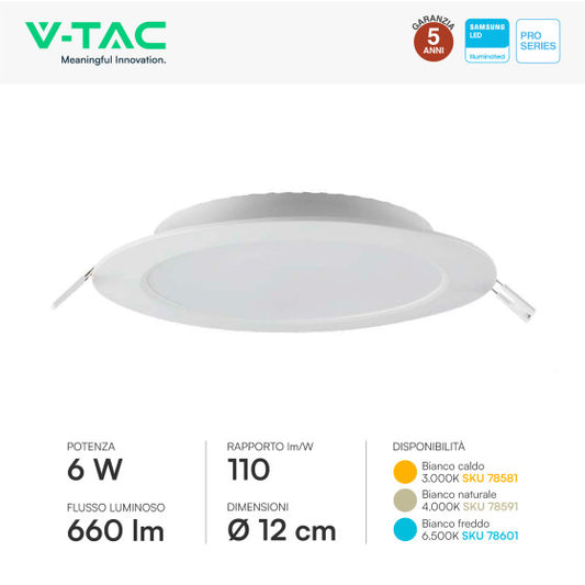 Pannello LED Rotondo 6W V-Tac SMD Chip Samsung da Incasso con Driver - Disponibile Luce: Calda 3000K, Naturale 4000K e Fredda 6500K