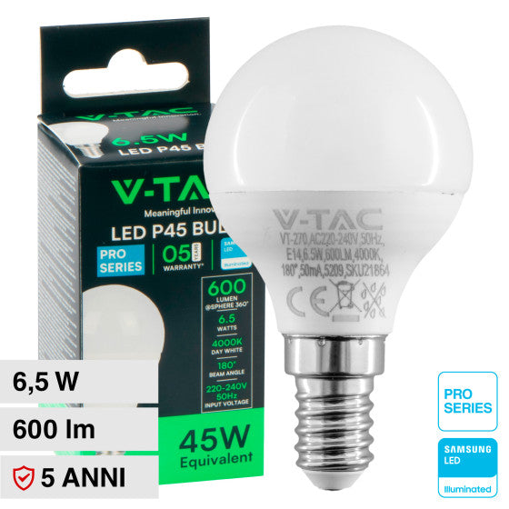 Lampadina LED E14 6,5W V-Tac Bulb P45 MiniGlobo SMD Chip Samsung - Disponibile Luce: Calda 3000K - Naturale 4000K - Fredda 6500K - Elettrohub.it