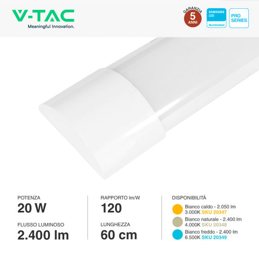 Tubo LED Prismatico Plafoniera 20W V-Tac Chip Samsung Lampadina 60cm - Disponibile Luce: Calda 3000K - Naturale 4000K - Fredda 6500K