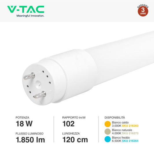 Tubo LED SMD Nano Plastic T8 G13 18W V-Tac Lampadina 120cm con Starter - Disponibile Luce: Calda 3000K - Naturale 4000K - Fredda 6500K