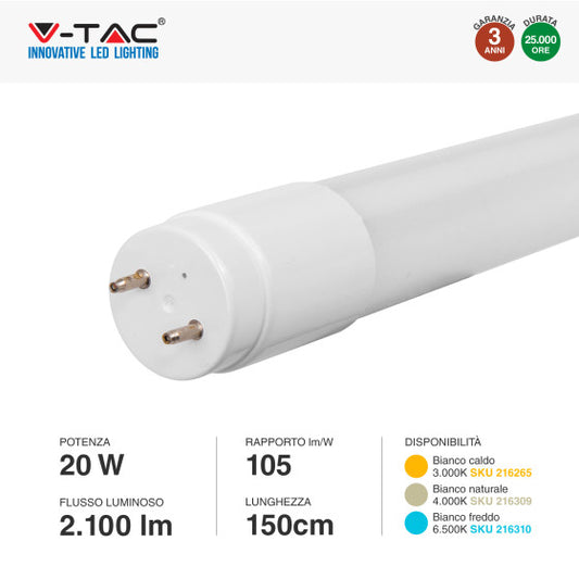 Tubo LED SMD Nano Plastic T8 G13 20W V-Tac Lampadina 150cm con Starter - Disponibile Luce: Calda 3000K - Naturale 4000K - Fredda 6500K