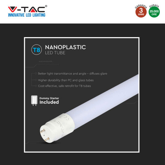 Tubo LED SMD Nano Plastic T8 G13 20W V-Tac Lampadina 150cm con Starter - Disponibile Luce: Calda 3000K - Naturale 4000K - Fredda 6500K
