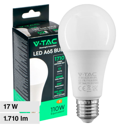 Lampadina LED E27 17W - V-TAC Goccia A65 SMD  -  Disponibile Luce: Calda 3000K - Naturale 4000K - Fredda 6500K