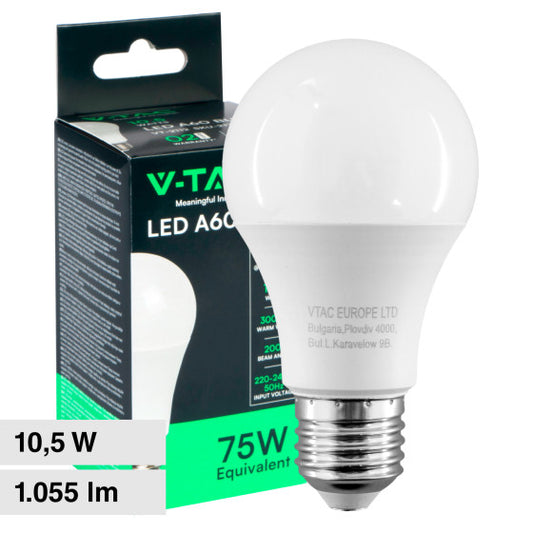 Lampadina LED E27 10,5W  V-TAC SMD Goccia A60  - Disponibile Luce: Calda 3000K - Naturale 4000K - Fredda 6500K