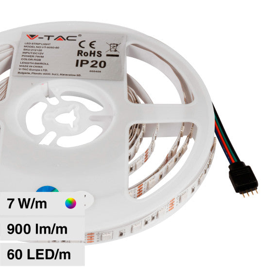V-Tac Striscia LED Flessibile 35W SMD RGB 60 LED/metro 12V IP65 - Bobina da 5 metri Potenza 7 w/m - Elettrohub.it