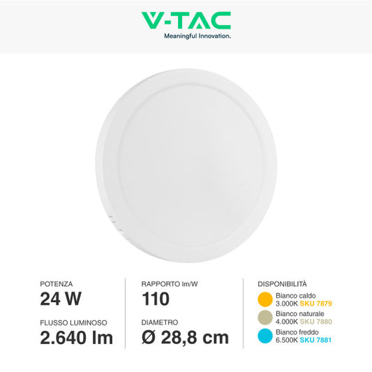Pannello LED Rotondo 24W V-Tac SMD da Parete con Driver - Disponibile Luce: Calda 3000K, Naturale 4000K e Fredda 6500K