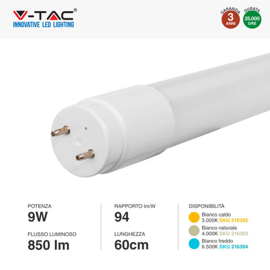 Tubo LED SMD Nano Plastic T8 G13 9W V-Tac  Lampadina 60 cm con Starter - Disponibile Luce: Calda 3000K - Naturale 4000K - Fredda 6500K