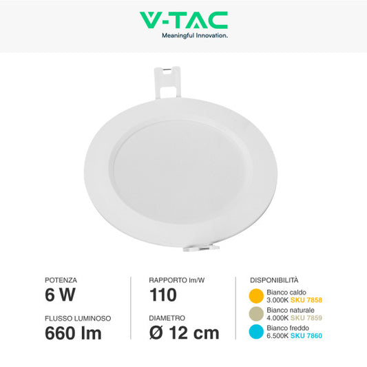 Pannello LED Rotondo Slim 6W V-Tac SMD da Incasso con Driver - Disponibile Luce: Calda 3000K, Naturale 4000K e Fredda 6500K
