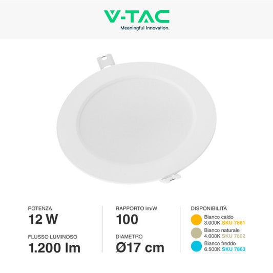 Pannello LED Rotondo Slim 12W V-Tac SMD da Incasso con Driver - Disponibile Luce: Calda 3000K, Naturale 4000K e Fredda 6500K