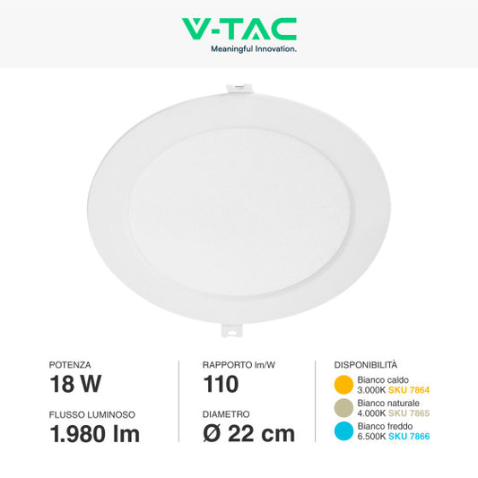 Pannello LED Rotondo Slim 18W V-Tac  SMD da Incasso con Driver - Disponibile Luce: Calda 3000K, Naturale 4000K e Fredda 6500K