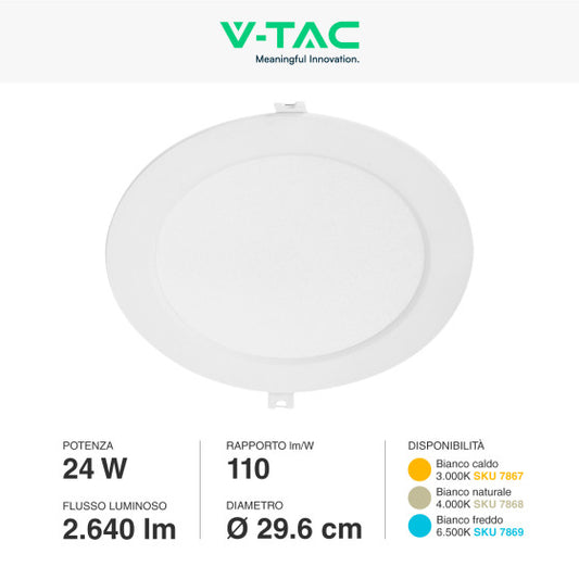 Pannello LED Rotondo Slim 24W V-Tac SMD da Incasso con Driver - Disponibile Luce: Calda 3000K, Naturale 4000K e Fredda 6500K
